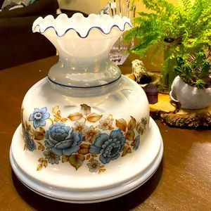 Large Glass Hurricane Lamp Globe Opalescent Blue Rose Flower Floral Shade